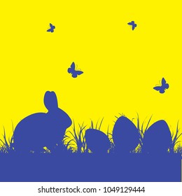 Easter illustration on a yellow background.Siny Silhouette of a bunny sitting in the grass where the eggs lay, vector