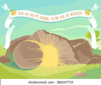 Easter illustration of opened cave with light inside. White ribbon with text about Jesus rising. Sunday morning. Vector