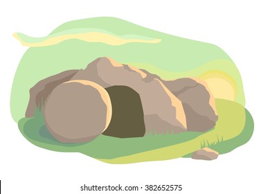 Easter illustration of opened empty cave. Morning light. Vector