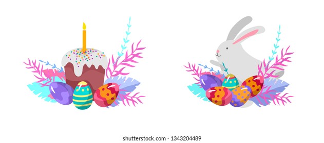 Easter Illustration with painted eggs, cake and rabbit. Set of cute Easter cartoon characters. Vector Spring holiday celebration design
