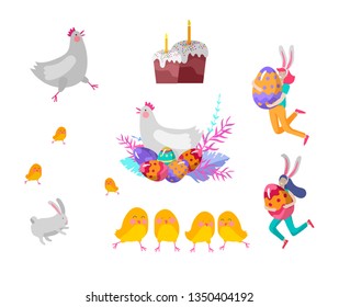 Easter Illustration with painted eggs, cake, chicken and and rabbit. Girls with bunny ears hold painted eggs. Set of cute Easter cartoon characters people. Vector Spring holiday celebration design