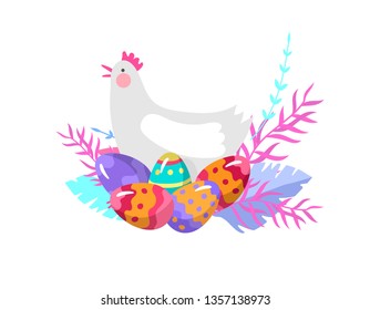 Easter Illustration with painted eggs and chicken. Set of cute Easter cartoon characters people. Vector Spring holiday celebration design