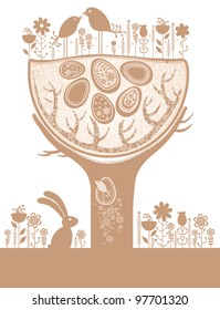 Easter illustration in pastel colors. Vector illustration with spring tree, flowers, birds, nest, Easter eggs and the Easter bunny.
