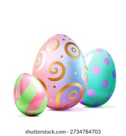 Ilustración de Pascua con huevos pastel con sombras suaves sobre fondo blanco, patrones arremolinados y punteados.