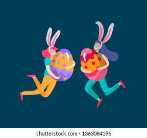 Easter Illustration with people. Girls with bunny ears jumping as rabbit and hold painted eggs. Set of cute Easter cartoon characters. Vector Spring holiday celebration design