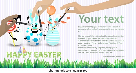 Easter illustration with place for text. Rabbit-eggs with an air ball, caramel circle hold a weeping rabbit and caramel stick in the hands, against a striped horizontally oriented leaf