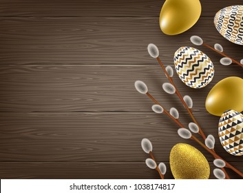 Easter illustration. Pussy-willow branches, paint decorated eggs on a wooden desktop.