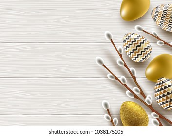 Easter illustration. Pussy-willow branches, paint decorated eggs on a wooden desktop.