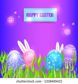Easter  Illustration with Rabbit  Bunny and Easter Eggs  of  Blue, Pink, Red, Purple Color.  Vector  Design for  Greetiing  Easter Cards and Banners