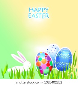 Easter  Illustration with Rabbit  Bunny and Easter Eggs  of  Blue, Pink, Red, Purple Color.  Vector  Design for  Greetiing  Easter Cards and Banners