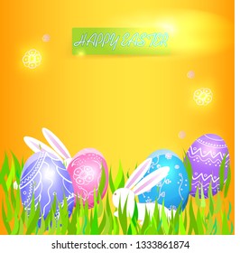 Easter  Illustration with Rabbit  Bunny and Easter Eggs  of  Blue, Pink, Red, Purple Color.  Vector  Orange Background for  Greetiing  Easter Cards and Banners