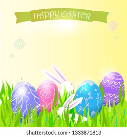 Easter  Illustration with Rabbit  Bunny and Easter Eggs  of  Blue, Pink, Red, Purple Color.  Vector  Light Yellow Background for  Greetiing  Easter Cards and Banners