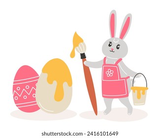 Easter illustration with a rabbit coloring eggs