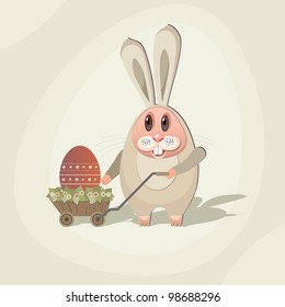 Easter Illustration. Rabbit with the Easter egg in the cart with flowers.