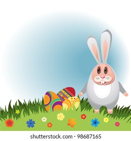Easter Illustration. Rabbit with eggs for Easter with flowers ..