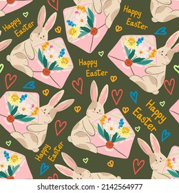 Easter illustration, Rabbit with envelope, bouquet of flowers. Vector seamless Pattern. Dark background, wallpaper, cartoon style