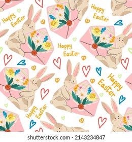 Easter illustration, Rabbit with envelope, bouquet of flowers. Vector seamless Pattern. Light background, wallpaper, cartoon style