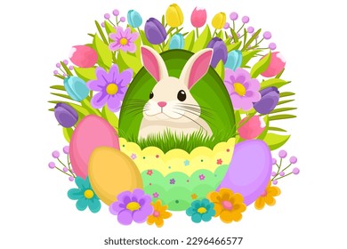 Easter illustration with a rabbit, flowers, Easter eggs, background, banner, seasonal card, Spring, Vector	
