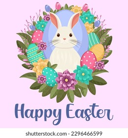 Easter illustration with a rabbit, flowers, Easter eggs, background, banner, seasonal card, Spring, Vector	
