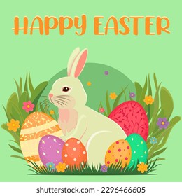 Ilustración de Pascua con conejo, flores, huevos de Pascua, fondo, cartel, tarjeta de temporada, primavera, vector	

