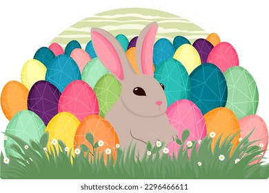 Easter illustration with a rabbit, flowers, Easter eggs, background, banner, seasonal card, Spring, Vector	
