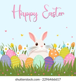 Easter illustration with a rabbit, flowers, Easter eggs, background, banner, seasonal card, Spring, Vector	
