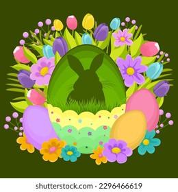 Easter illustration with a rabbit, flowers, Easter eggs, background, banner, seasonal card, Spring, Vector	
