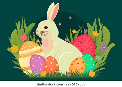 Ilustración de Pascua con conejo, flores, huevos de Pascua, fondo, cartel, tarjeta de temporada, primavera, vector	
