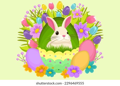 Easter illustration with a rabbit, flowers, Easter eggs, background, banner, seasonal card, Spring, Vector	
