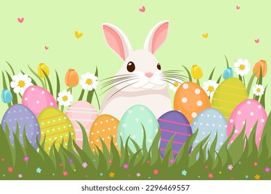 Easter illustration with a rabbit, flowers, Easter eggs, background, banner, seasonal card, Spring, Vector	
