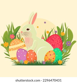 Easter illustration with a rabbit, flowers, Easter eggs, background, banner, seasonal card, Spring, Vector	
