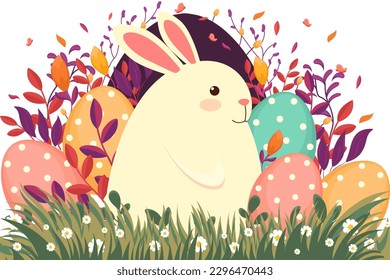 Ilustración de Pascua con conejo, flores, huevos de Pascua, fondo, cartel, tarjeta de temporada, primavera, vector	
