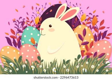 Ilustración de Pascua con conejo, flores, huevos de Pascua, fondo, cartel, tarjeta de temporada, primavera, vector	
