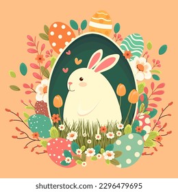 Easter illustration with a rabbit, flowers, Easter eggs, background, banner, seasonal card, Spring, Vector	
