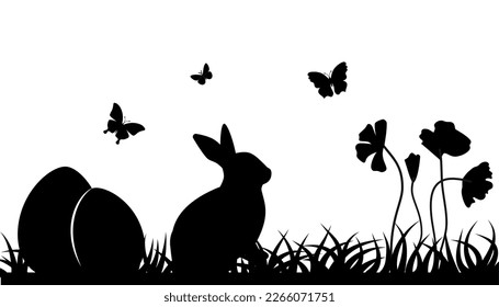 Easter illustration with rabbit and grass and eggs.Easter Background with rabbit and easter eggs. Silhouette vector graphics. Eps 10