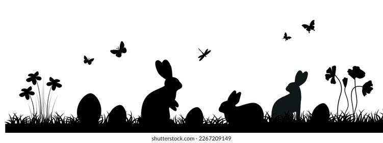 Easter illustration with rabbit and grass and eggs.Easter Background with rabbit and easter eggs. Silhouette vector graphics. Eps 10