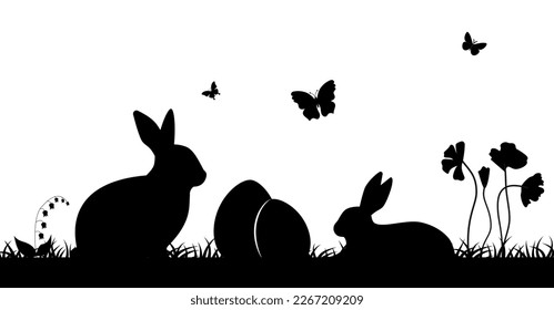 Easter illustration with rabbit and grass and eggs.Easter Background with rabbit and easter eggs. Silhouette vector graphics. Eps 10