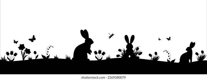 Easter illustration with rabbit and grass and eggs.Easter Background with rabbit and easter eggs. Silhouette vector graphics. Eps 10