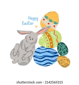 Easter illustration. Rabbit lies on Easter eggs. Vector, cartoon style