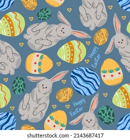 Easter illustration. Rabbit lies on Easter eggs. Vector seamless Pattern. Dark background, wallpaper, cartoon style