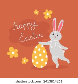 Easter illustration with rabbit and painted egg for the holiday in cartoon style