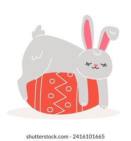 Easter illustration with rabbit and painted egg for the holiday in cartoon style