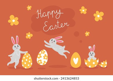 Easter illustration with rabbit and painted eggs for the holiday in cartoon style