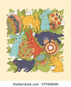 Easter illustration with rabbits and eggs in green foliage and flowers in cartoon style. 