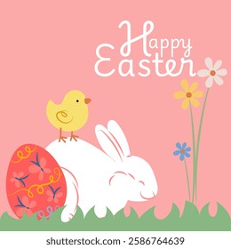 Easter illustration representing a chick standing on a bunny and a decorated egg with some flowers and the happy easter greeting on a pink background