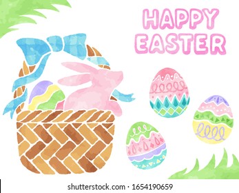 Easter illustration set drawn like watercolor (Easter bunny in basket, Easter eggs, green grass frame, “HAPPY EASTER” text)