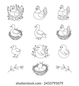 Easter illustration set, Easter eggs, Easter hen, hen, chick, duck, Easter chick, nest, chick in eggshell, flowers, floral, hand drawn, outline icons, line art, spring collection, isolated 