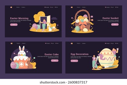 Easter illustration set featuring scenes of festive activities. Illustrates joyful moments like Easter morning, decorating eggs, a colorful basket, and a festive cake. Perfect for celebrating spring