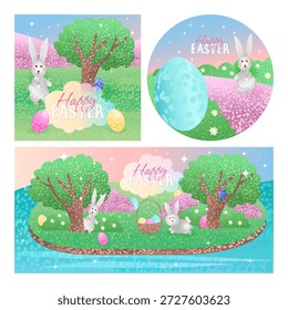 Conjunto de ilustración de Pascua con tres formatos en un archivo: cuadrado, círculo y Anuncio Horizontal. Todos los diseños se crean en un estilo unificado con Gradientes suaves y Elementos circulares texturizados. La colección muestra paisajes primaverales con lindos conejos en busca de huevos de Pascua, un huevo decorado de cerca y paisajes de naturaleza tranquilos. Perfecto para saludos de Pascua, Anuncios, tarjetas, redes sociales, promociones de temporada y diseños de vacaciones.