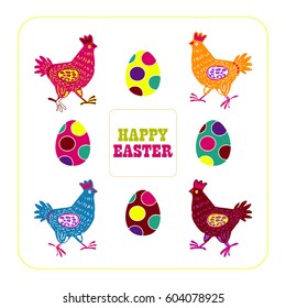Easter illustration with set of hand drawn colorful hens and eggs in Vector. Easter Set of chickens and eggs. Eastern postcard. Funky animal background